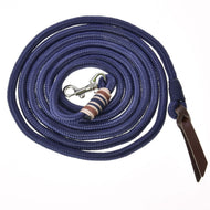 The Hobby Horse LarDen Lunging Rope is a navy blue, coiled rope with a metal clasp, multicolored thread wrap, and brown leather loop handle, shown on a white background.