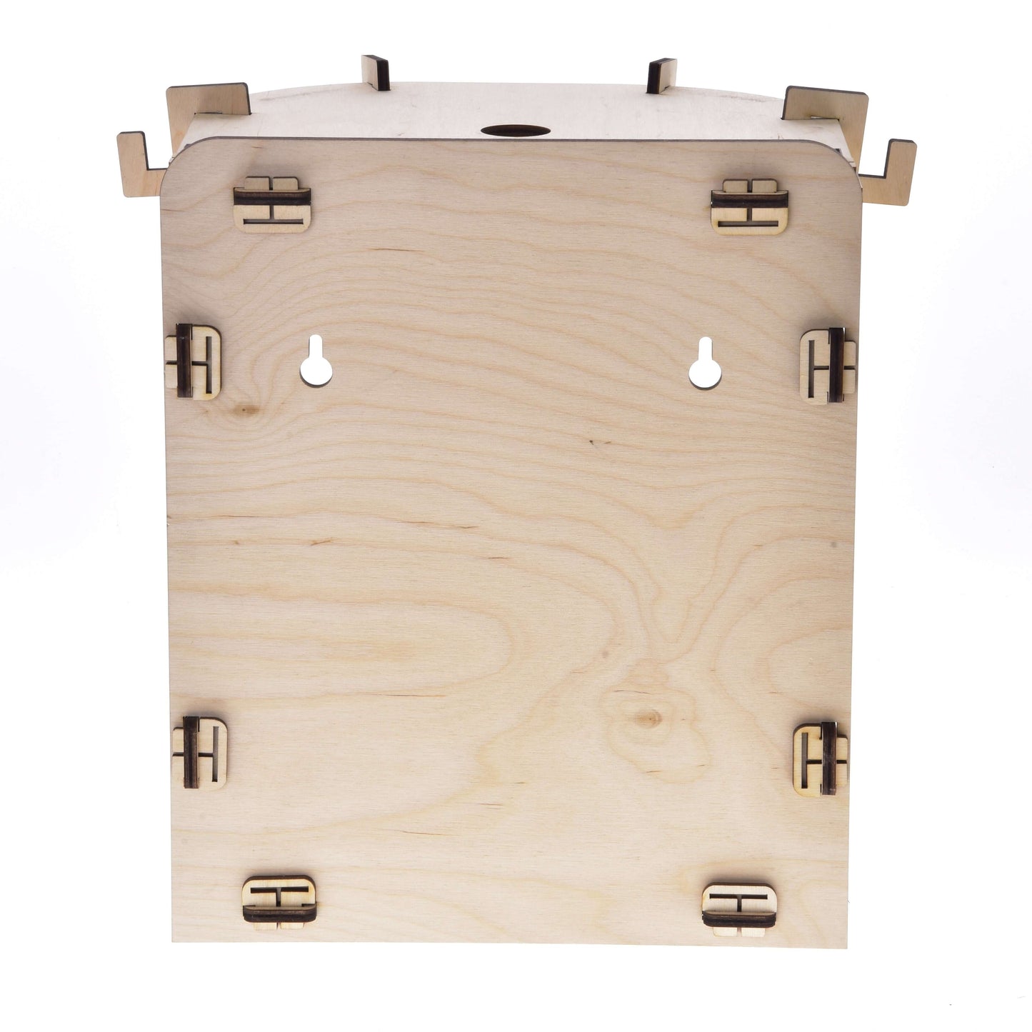 Hobby Horse LarDen Kleiner Hobby Horse Stall als Holzkasten mit flacher Vorderseite, zwei Schlüssellochaufhängungen zur Wandmontage und sichtbaren Steckverbindungen an den Kanten. Die helle, glatte Maserung macht ihn ideal zum Aufbewahren oder Präsentieren von Hobby Horses.