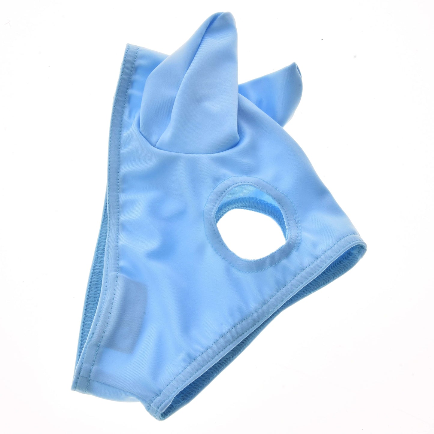 Le Masque de Cheval Ciel de Hobby Horse LarDen est un masque lavable bleu clair avec deux formes pointues semblables à des oreilles et une découpe circulaire à l’avant, présenté sur fond blanc.