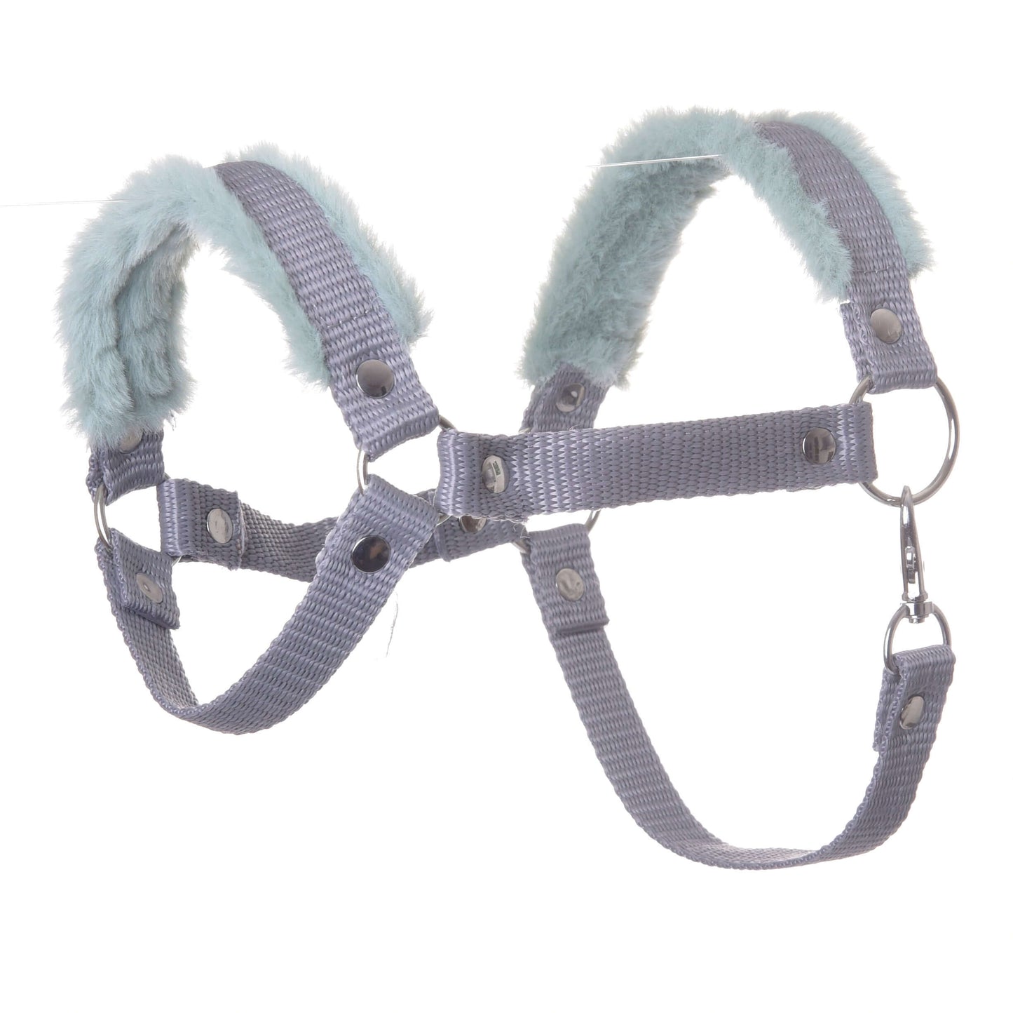 The Halter grey with mint fur by Hobby Horse LarDen is a nylon accessory with soft mint faux fur, adjustable straps, metal rings, and snap buttons—ideal as a hobby horse halter or animal harness.