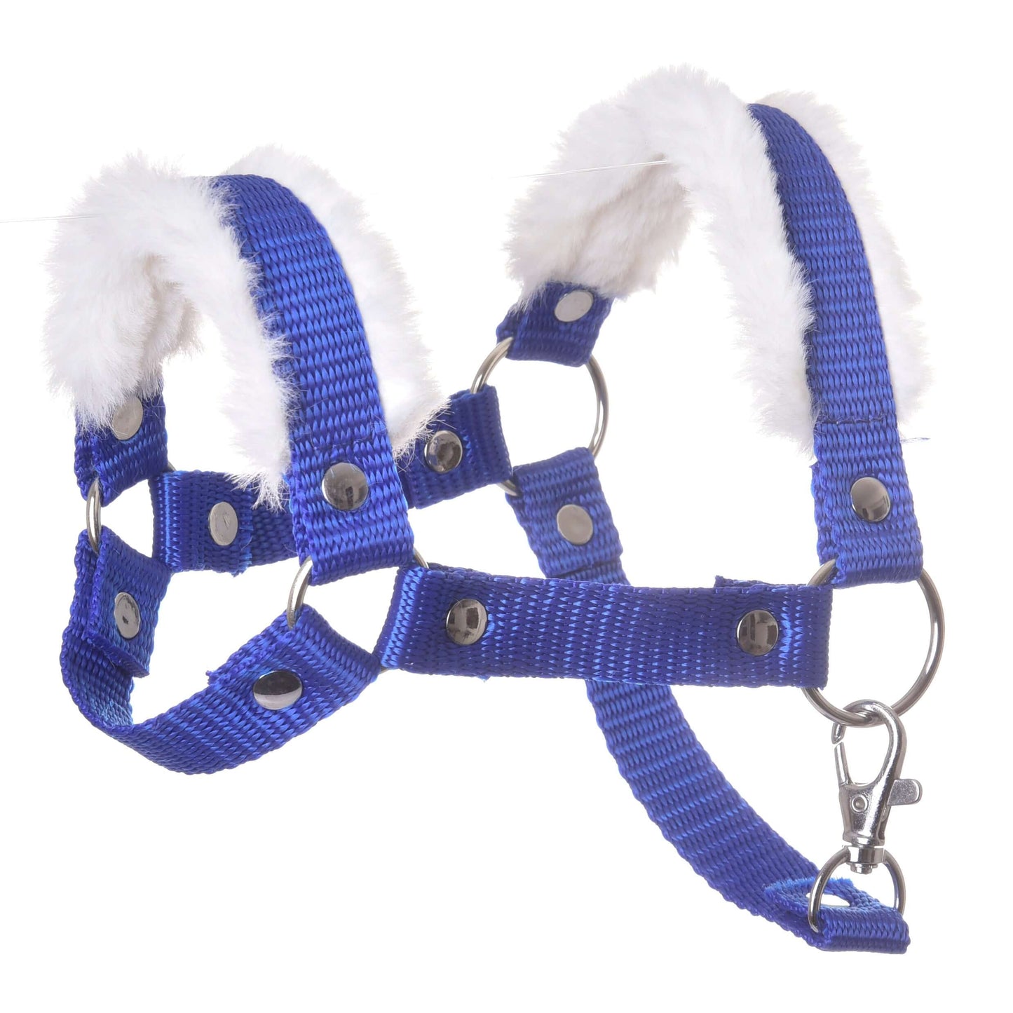 Licol bleu avec fourrure de Hobby Horse LarDen, harnais bleu en nylon, idéal comme accessoire pour Hobby Horse, avec anneaux métalliques, fermetures à pression et rembourrage doux en fausse fourrure blanche sur les sangles.