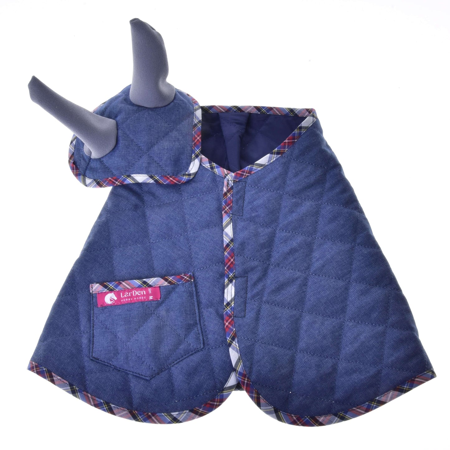 Ensemble Jean de Hobby Horse LarDen, veste pour chien élégante avec bordure à carreaux, petite poche et pièce de tête assortie, idéal comme costume ludique pour animal de compagnie ou pour s’accorder avec un ensemble de bonnet d’oreilles.