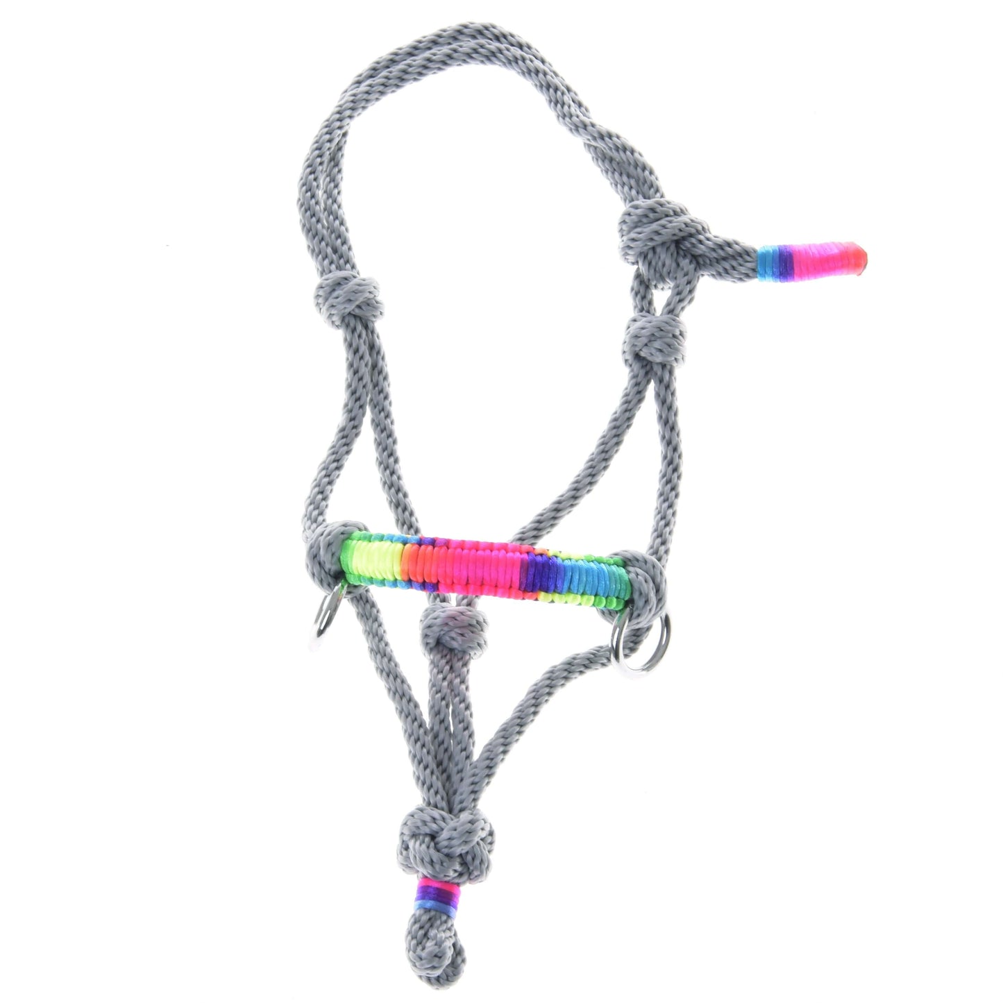 Licou en corde Manhattan de Hobby Horse LarDen, licou en corde gris avec plusieurs nœuds, anneaux métalliques et accents en fil arc-en-ciel vif, accessoire pour Hobby Horse présenté sur fond blanc.