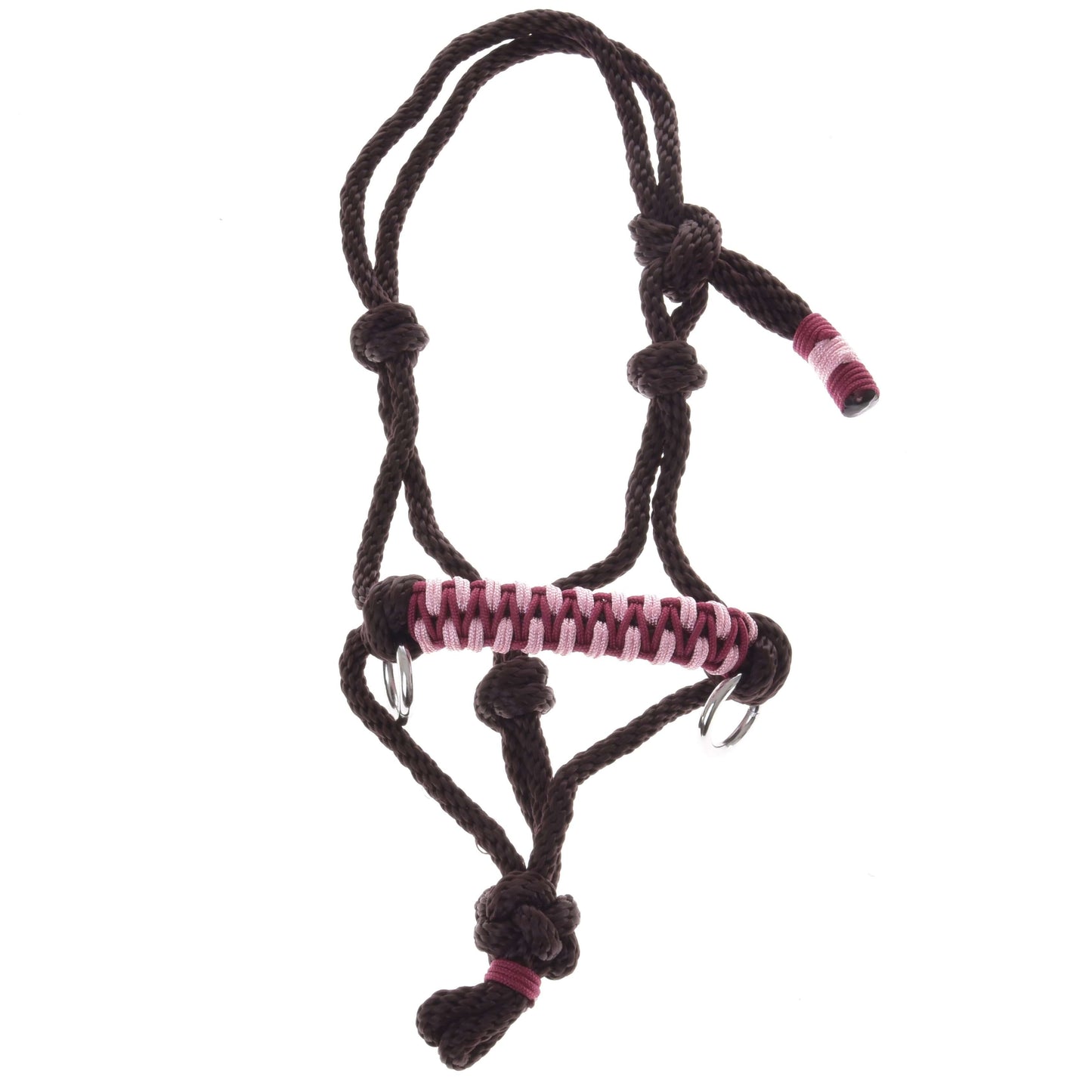 Licou en corde York de Hobby Horse LarDen, licou en corde marron avec enroulements roses et anneaux métalliques, présenté à plat sur fond blanc, idéal comme accessoire élégant pour votre Hobby Horse.