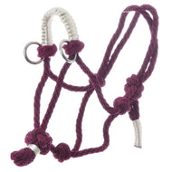 Seilhalfter Czi-Czi von Hobby Horse LarDen, ein kastanienrotes Seilhalfter mit weißen umwickelten Akzenten und Metallringen, vor schlichtem weißem Hintergrund.