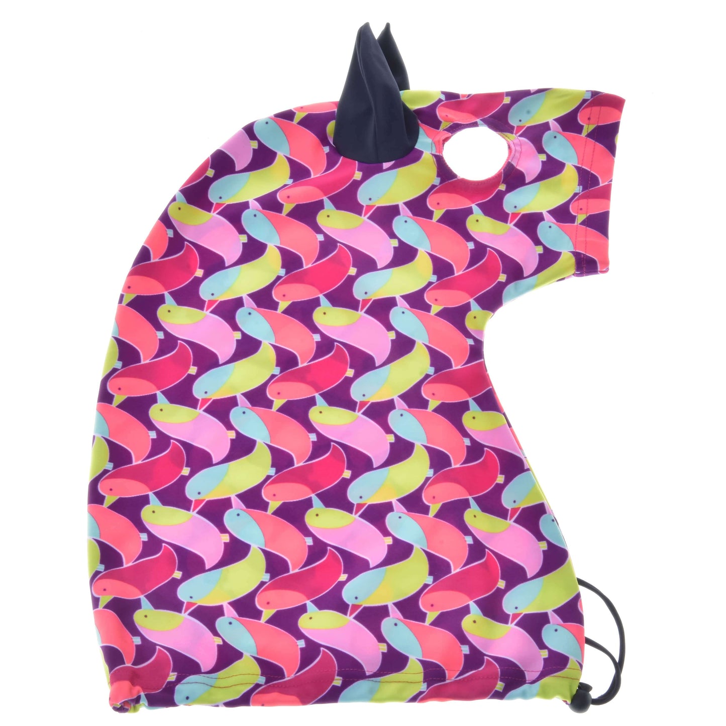 Hobby Horse LarDen Hobby Horse Schutzanzug Bird (Lycra) mit einhornförmigem, farbenfrohem Stoff mit leuchtenden Vogelmustern, dunkelblauem Horn und Ohren, Kordelzug unten und runder Öffnung oben – ideal zum Schutz des Hobby Horse.