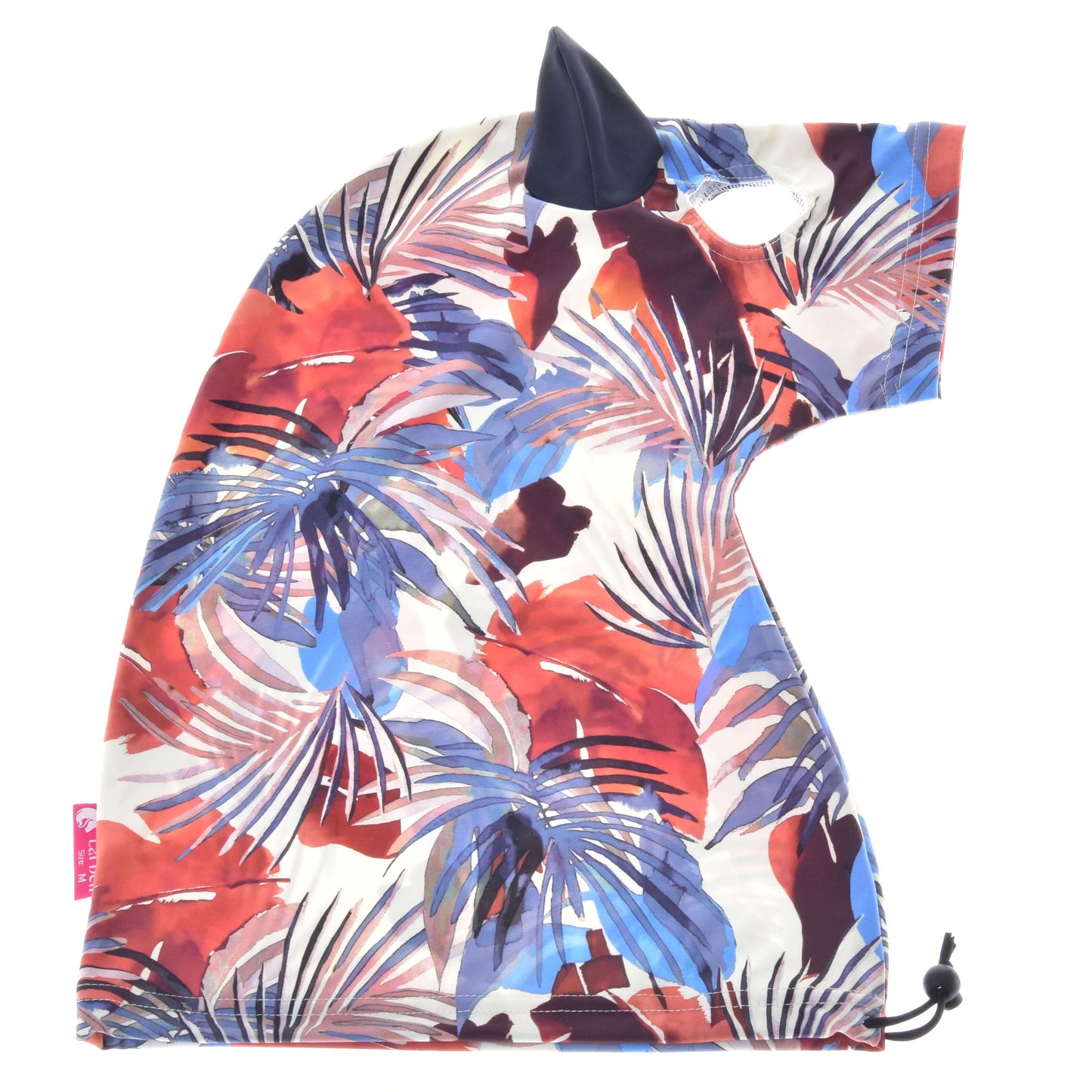 Combinaison de protection Hobby Horse Bleu Jungle (Lycra) de Hobby Horse LarDen, avec un motif tropical vif de feuilles rouges, bleues et violettes, une poche pour oreille, un bord à cordon et lavable, idéale pour couvrir la tête de votre hobby horse.