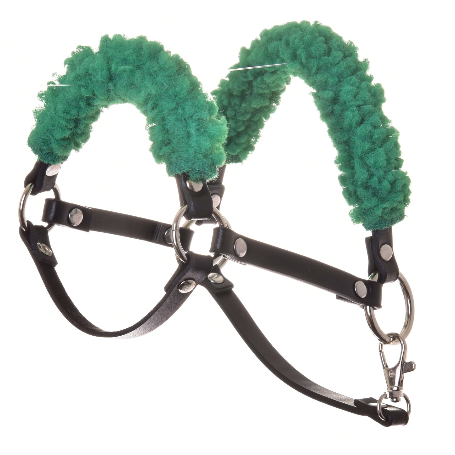 Licou noir avec fourrure verte - similicuir de Hobby Horse LarDen, en similicuir avec ferrures argentées et épaisse doublure en fourrure verte sur la têtière et la muserolle pour le confort, parfait pour les Hobby Horses.