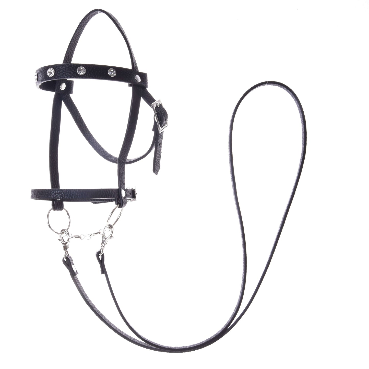 Komplettes Kunstlederzaumzeug mit Ziersteinen von Hobby Horse LarDen vor weißem Hintergrund. Mit funkelnden Ziersteinen, stabilen Metallringen und Schnallen sowie einem stilvollen englischen Nasenriemen.