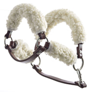 The Hobby Horse LarDen Brown halter with complete fur - leatherette features white fleece padding on the noseband, crown, and cheeks, ideal for a Hobby Horse and shown against a white background.