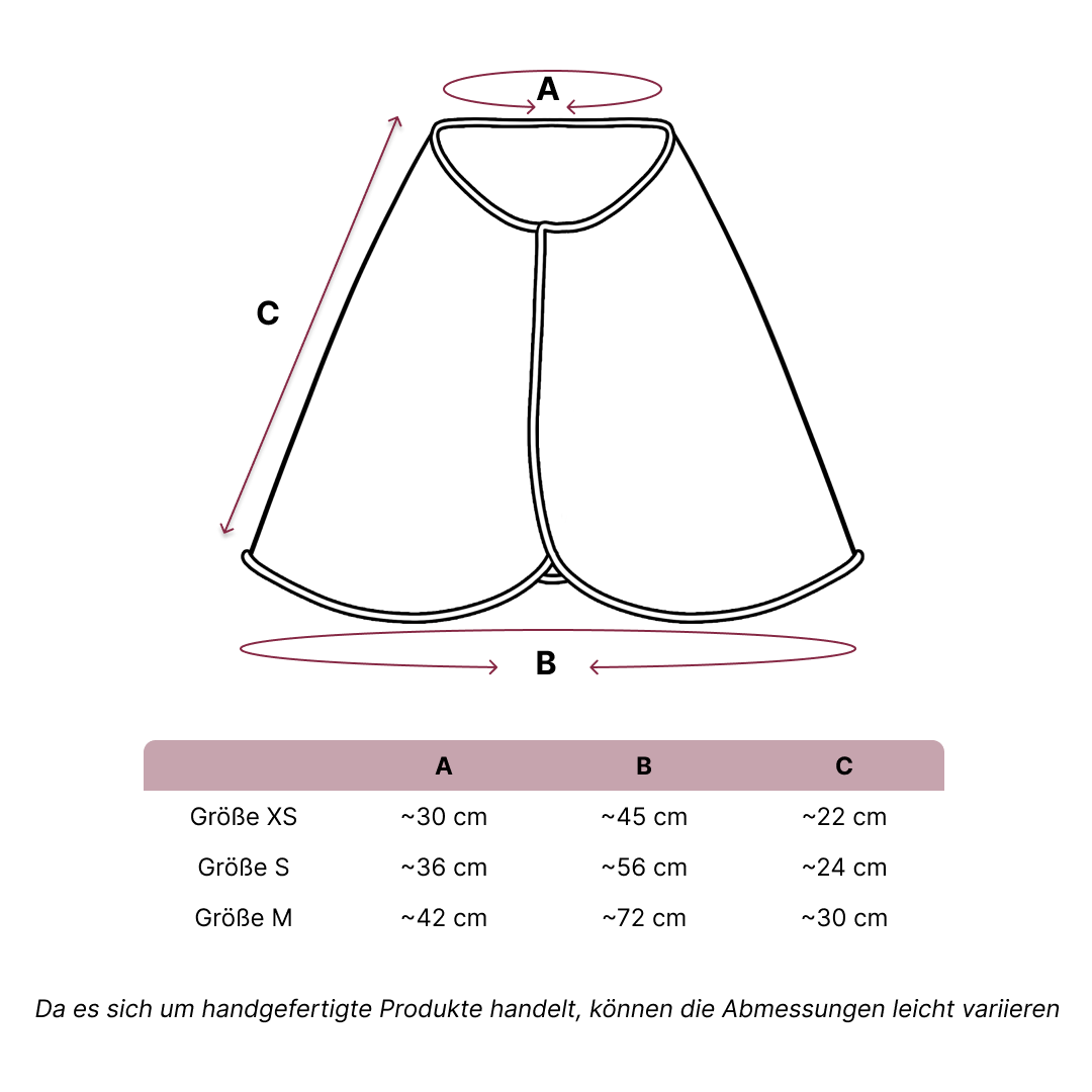 Linienzeichnung eines Umhangs für Hobby Horsing mit markierten Maßen: A (Halsausschnitt), B (untere Breite), C (Länge). Darunter zeigt eine Tabelle die Größen XS, S und M für dein Hobby Horse mit den entsprechenden Maßen in Zentimetern.