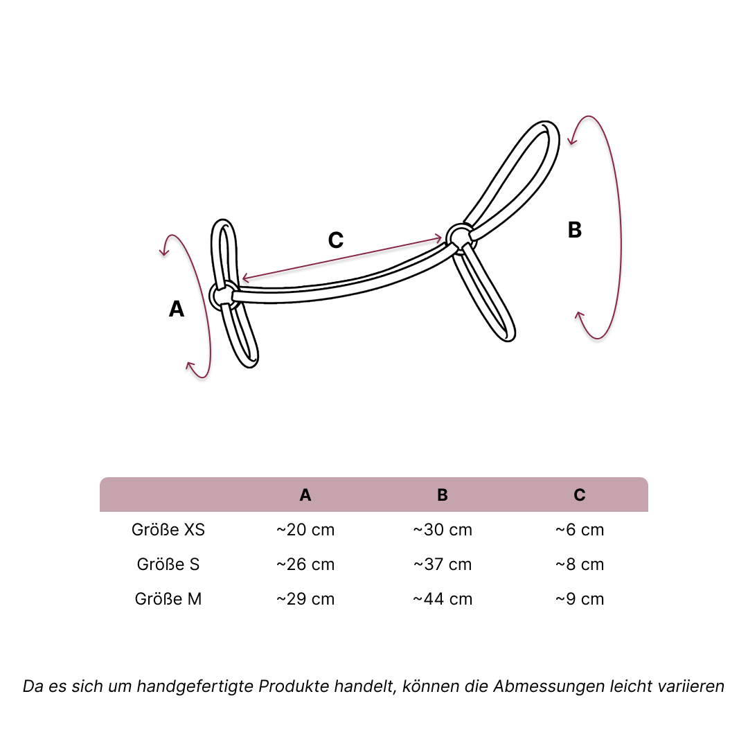 Diagramm eines Ballonhundes mit drei Messpunkten – A (Höhe), B (Körperlänge), C (Schwanzlänge) – ideal als thematische Dekoration für Hobby Horse Fans. Die Tabelle zeigt die Größen XS, S und M mit ungefähren cm-Werten für jede Größe.