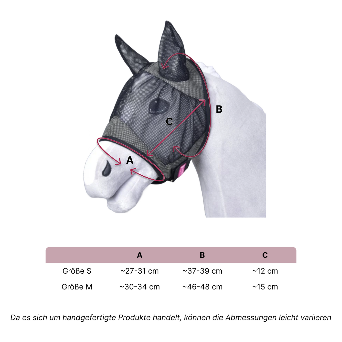 Eine Pferdefigur oder ein Hobby Horse trägt eine schwarze Fliegenmaske aus Mesh. Diagramme zeigen die Messbereiche A (um die Schnauze), B (vom Oberkopf zur Kehle) und C (Kehlenbreite) sowie eine Größentabelle für S und M. Ein Text weist darauf hin, dass die Maße variieren können.