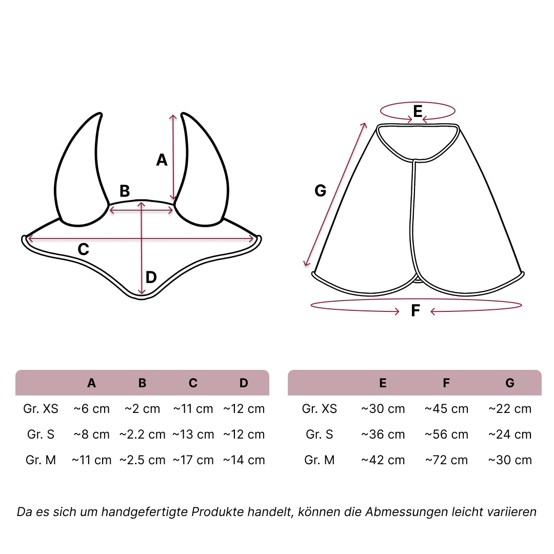 Diagramm mit beschrifteten Maßen (A, B, C, D, E, F, G) für zwei gehörnte Hobby Horse Kopfstücke in den Größen XS, S, M und L. Die Maße sind für jede Größe in Zentimetern angegeben. Unten steht Text auf Deutsch, ideal für Hobby Horsing Enthusiasten.