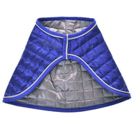 The Hobby Horse LarDen Blanket DeLuxe Blue double-sided features a blue outer layer and a silver diamond-quilted inner lining with white piping, providing extra protection. Shown flat on a white background.