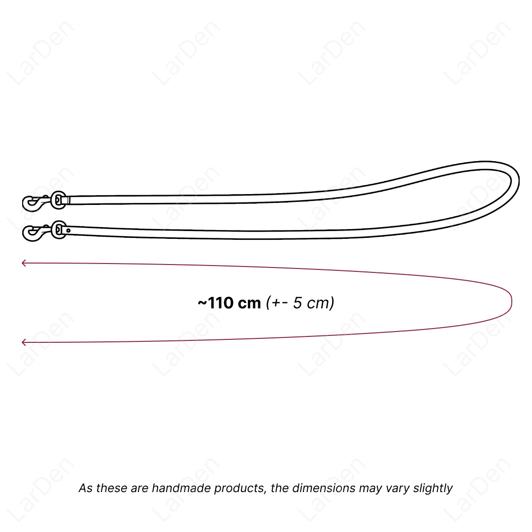 Line drawing of a leash with metal clasps at each end, perfect for Hobby Horsing or use with your Hobby Horse. Labeled as approximately 110 cm long (plus or minus 5 cm). Note: dimensions may vary slightly due to being handmade.