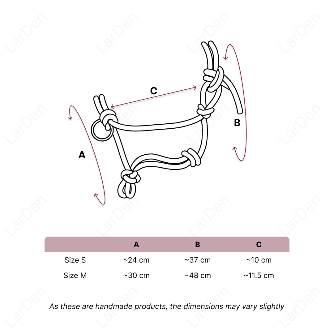Line drawing showing labeled dimensions (A, B, C) of a knotted harness for Hobby Horse enthusiasts. Size S: A ~24 cm, B ~37 cm, C ~10 cm. Size M: A ~30 cm, B ~48 cm, C ~11.5 cm. Note: dimensions may vary slightly.