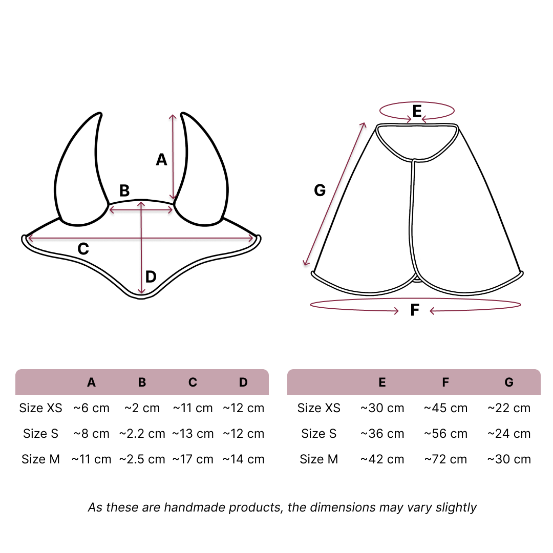 Diagram showing three sizes (XS, S, M) of a cape with horns for Hobby Horsing or your Hobby Horse, labeled with measurements A-D for the collar and E-G for the cape. A size chart below lists the dimensions. Note: Handmade product.