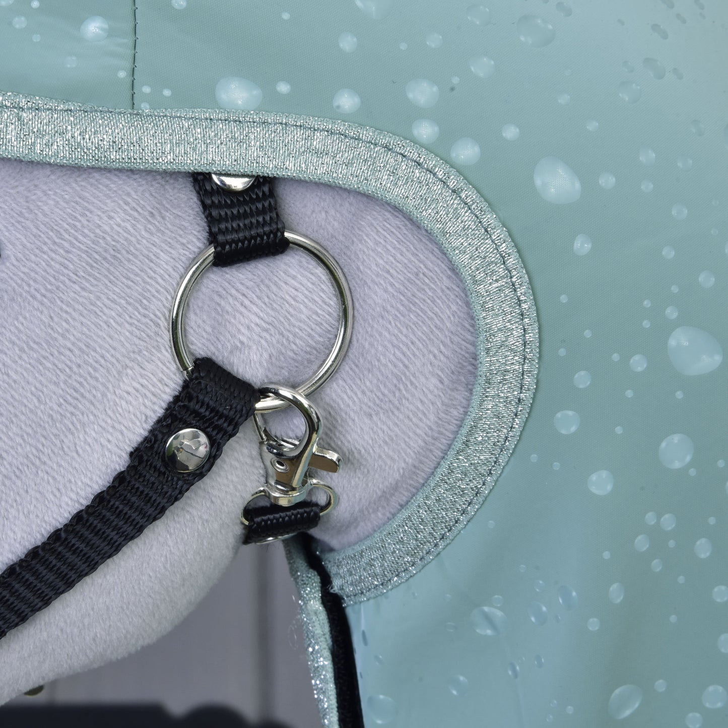 Gros plan sur un cheval portant le Hobby Horse LarDen Raincoat Greeny, avec anneau métallique, sangle noire, clip et doublure claire douce à motif gouttes, offrant une protection par tous les temps.