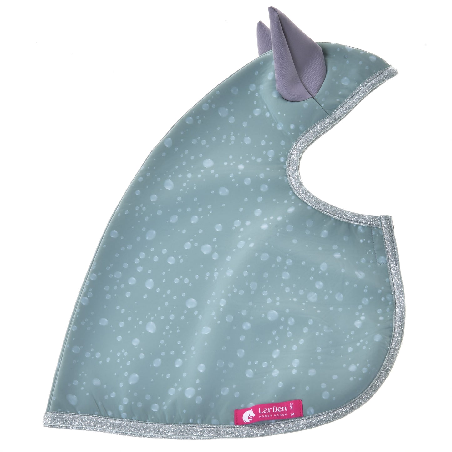 Imperméable Greeny de Hobby Horse LarDen, bavoir imperméable vert toutes saisons avec motif bulles, en forme de visage d’animal avec deux oreilles violettes, bordure grise, étiquette rose en bas et protection type imperméable contre les salissures.