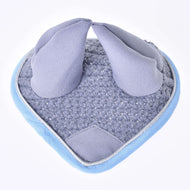 The Ear bonnet crocheted grey by Hobby Horse LarDen features a light blue and gray design with two upright ear covers and a rounded shape—ideal as a stylish grey ear bonnet for your hobby horse.