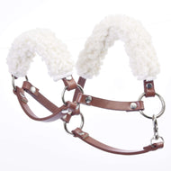 The Hobby Horse LarDen Brown halter with fur - leatherette features metal rings and soft white fleece on the noseband and crownpiece, ideal for your Hobby Horse. Shown on a white background.