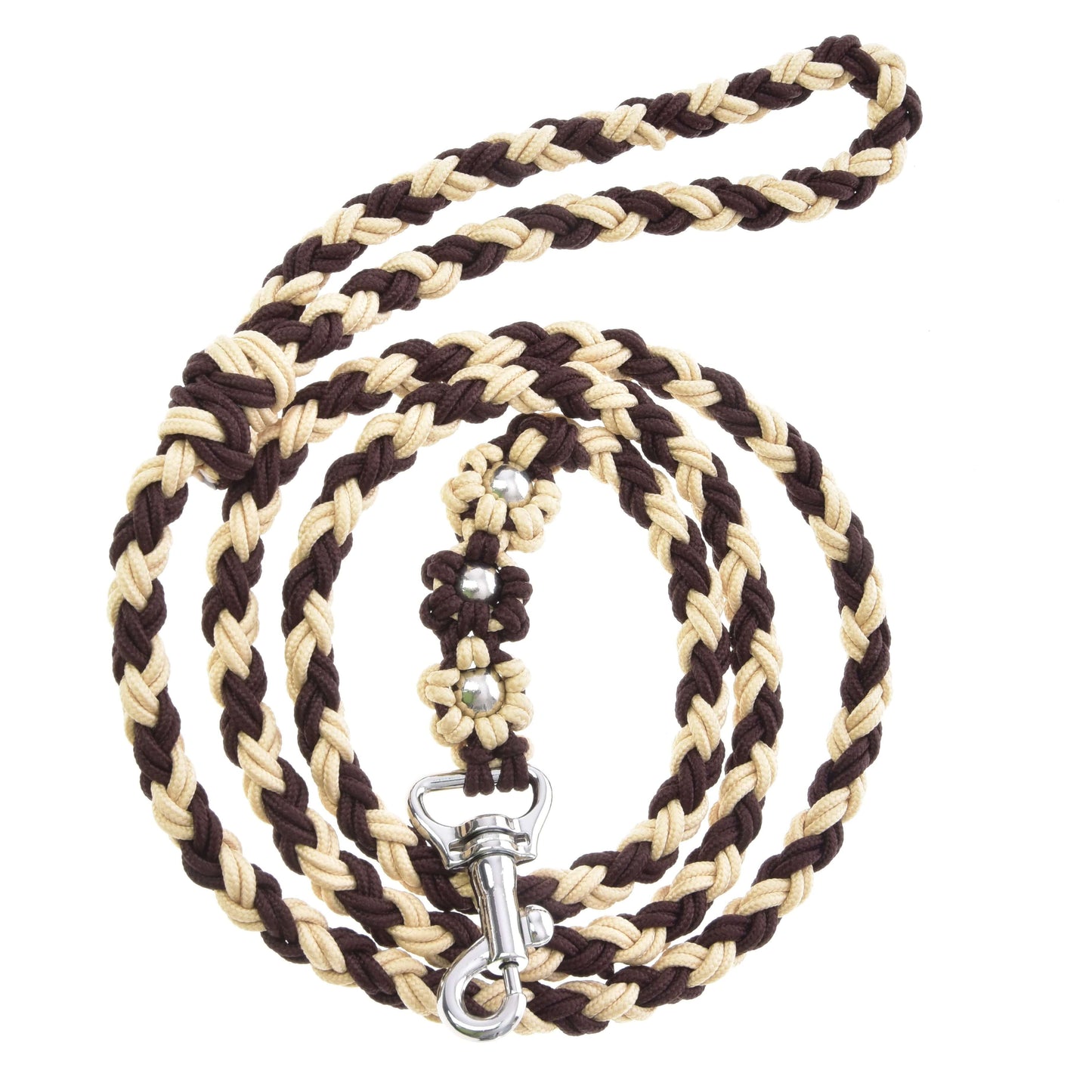 Hobby Horse - Corde de Conduite Bloom Marron de Hobby Horse LarDen, corde tressée beige et marron foncé avec mousqueton argenté, présentée enroulée sur fond blanc, parfaite pour mener ou comme laisse pour Hobby Horse.