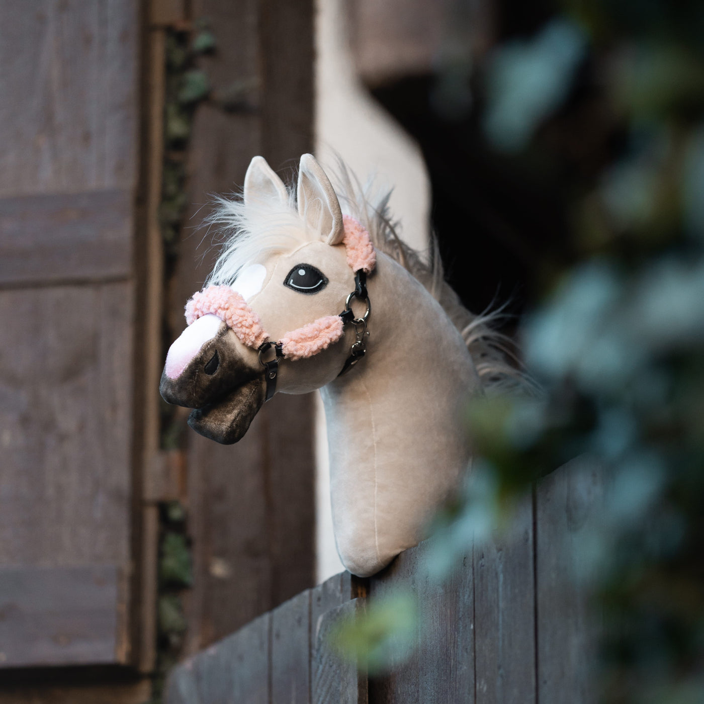 Ein Hobby Horse aus Plüsch mit rosa Zaumzeug und weißer Mähne schaut über einen Holzzaun, mit einer unscharfen blättrigen Pflanze im Vordergrund und Holzläden im Hintergrund.