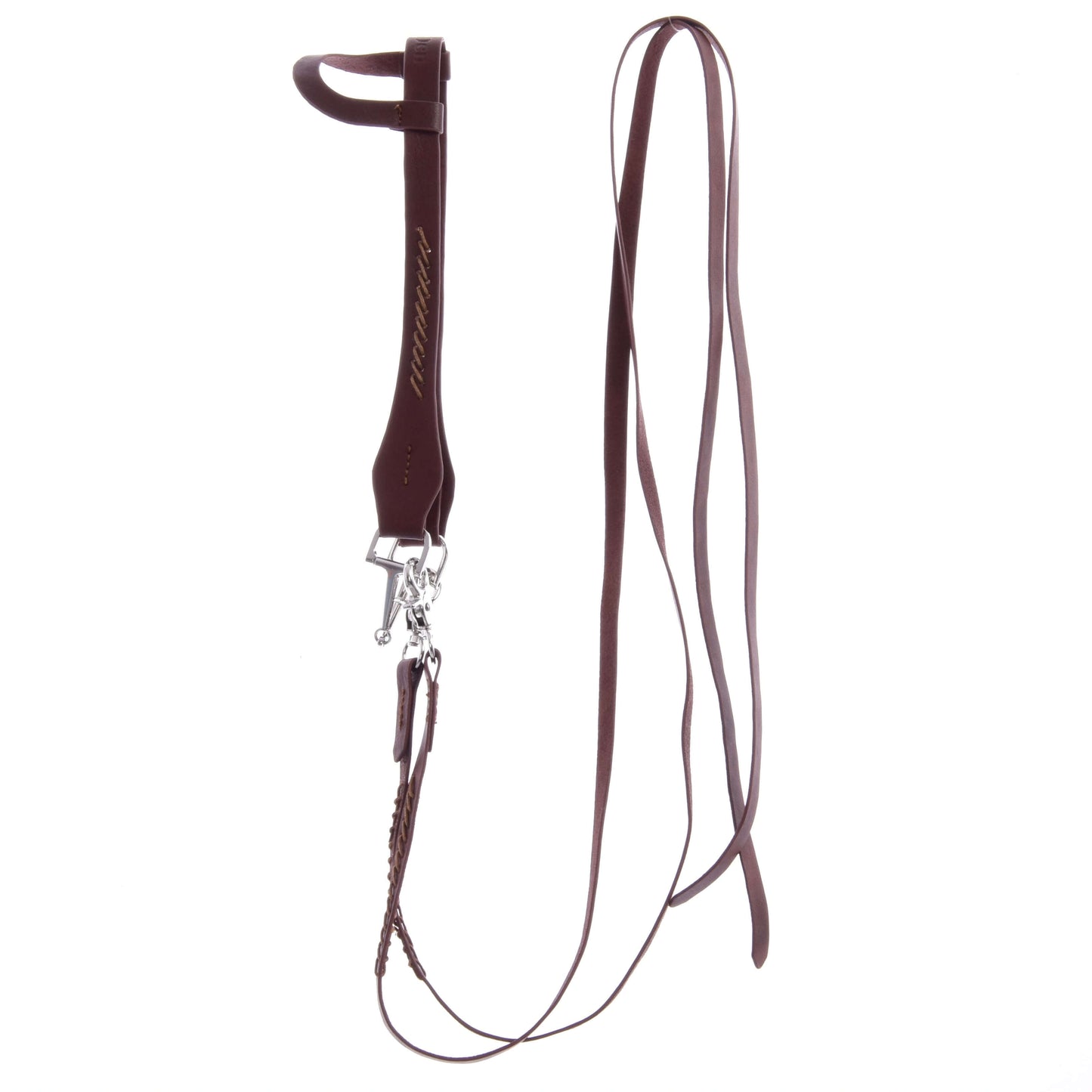 The Hobby Horse LarDen Complete Western bridle One-Ear is a brown leather bridle with split reins, metal hardware, and a sliding ear loop, shown against a white background.