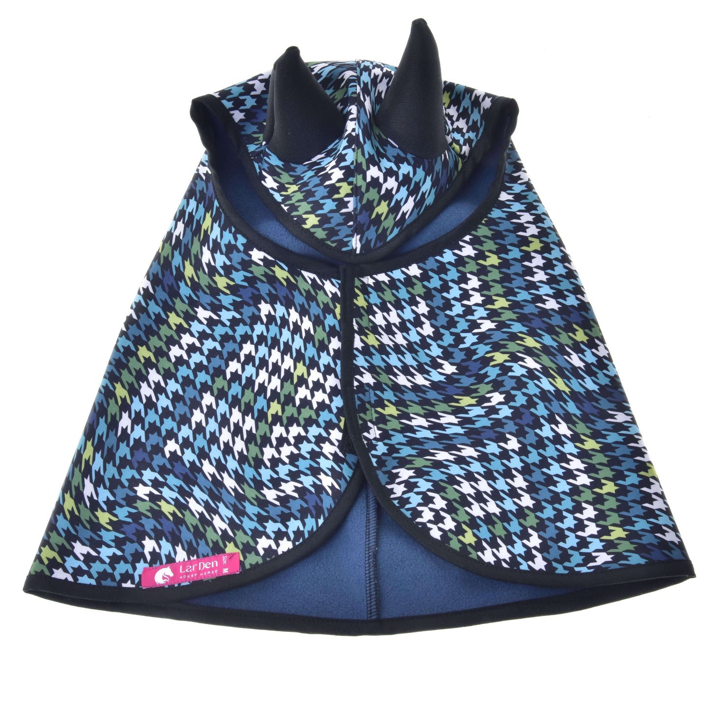 Imperméable Lara de Hobby Horse LarDen, avec motif pied-de-poule bleu, vert, noir et blanc, col montant et cornes en tissu, parfait pour les aventures canines par tous les temps.