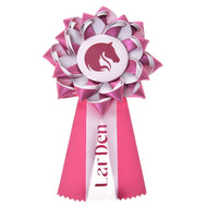 The Hobby Horse Ribbon LarDen Pink by Hobby Horse LarDen features a pink and white design with a horse head silhouette in the center and "LarDen" printed on the ribbon tails.