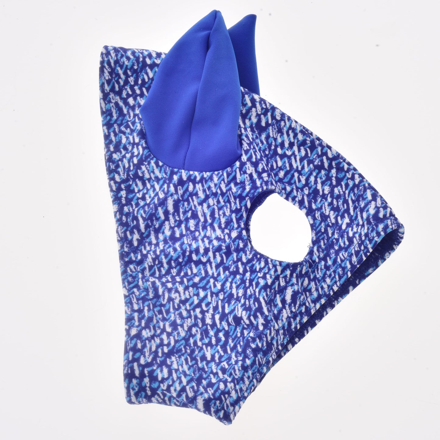 A blue and white patterned washable PES mask, named "Horse Mask See" by Hobby Horse LarDen, features two blue fabric ears and a circular opening on one side; designed as a Hobby Horse Protective Mask and photographed on a white background.