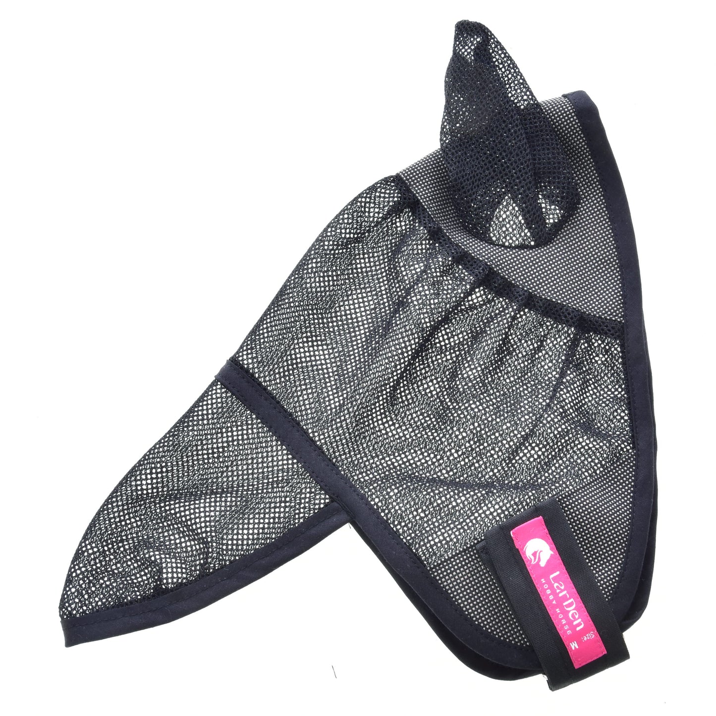 Eine schwarze, waschbare Fliegenmaske de Luxe Full von Hobby Horse LarDen aus Netzstoff mit Ohrenschutz und einem rosa LeMieux Etikett, entwickelt, um Gesicht und Ohren deines Pferdes vor Insekten zu schützen.