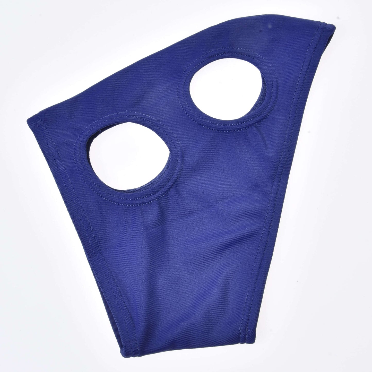 Masque de cheval sans oreilles LarDen de Hobby Horse LarDen, masque en tissu bleu foncé avec deux ouvertures circulaires, présenté à plat sur fond blanc, idéal comme protection pour Hobby Horse ou pour un usage fantaisie.