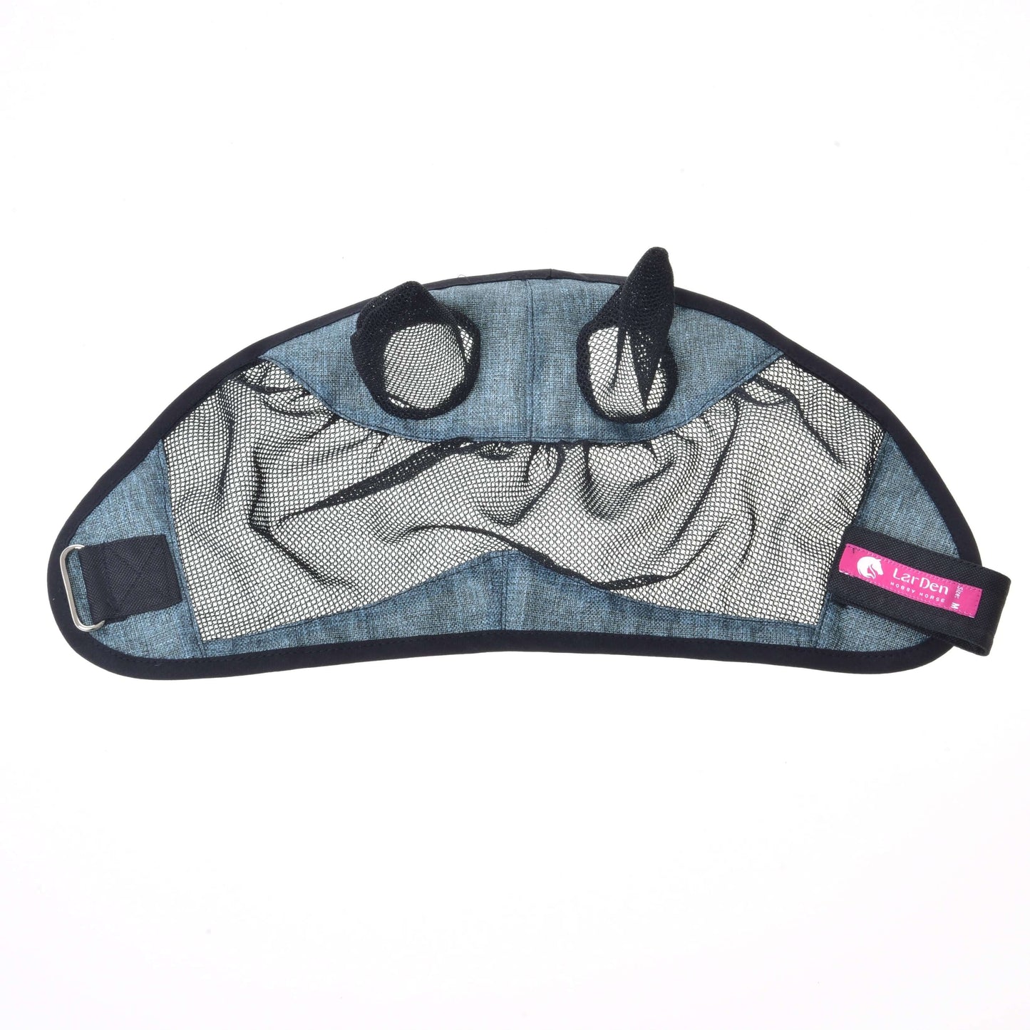 Masque anti-mouches De Luxe Turquoise de Hobby Horse LarDen, lavable, avec bordure noire, doublure en maille, deux formes d’oreilles noires et étiquette rose Lett Deli sur le côté droit, présenté à plat sur fond blanc.