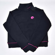Das Hobby Horse LarDen LarDen Sweatshirt ist ein schwarzer Langarm-Pullover mit Halbzip-Kragen, rosa Besatz an den Bündchen, rosa Pferdekopf-Logo auf der Brust und LUV DVL-Text am Kragen.