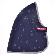 A dark blue, polka-dotted triangular Stable Blanket Night Sky with light gray trim and a pink Hobby Horse LarDen label, laid flat on a white background.