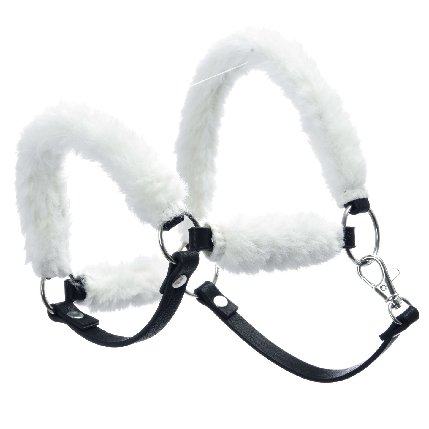 Licol en fourrure Teddy Classique de Hobby Horse LarDen, un licol noir en similicuir avec rembourrage en fausse fourrure blanche sur la muserolle et la têtière, avec anneaux métalliques et fermoir sécurisé.