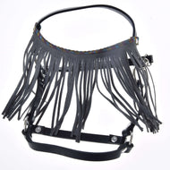 The Hobby Horse LarDen Halter black with grey fringes features long, thin fringe and beaded details on the top band, adding flair to any collection. Shown on a white background.
