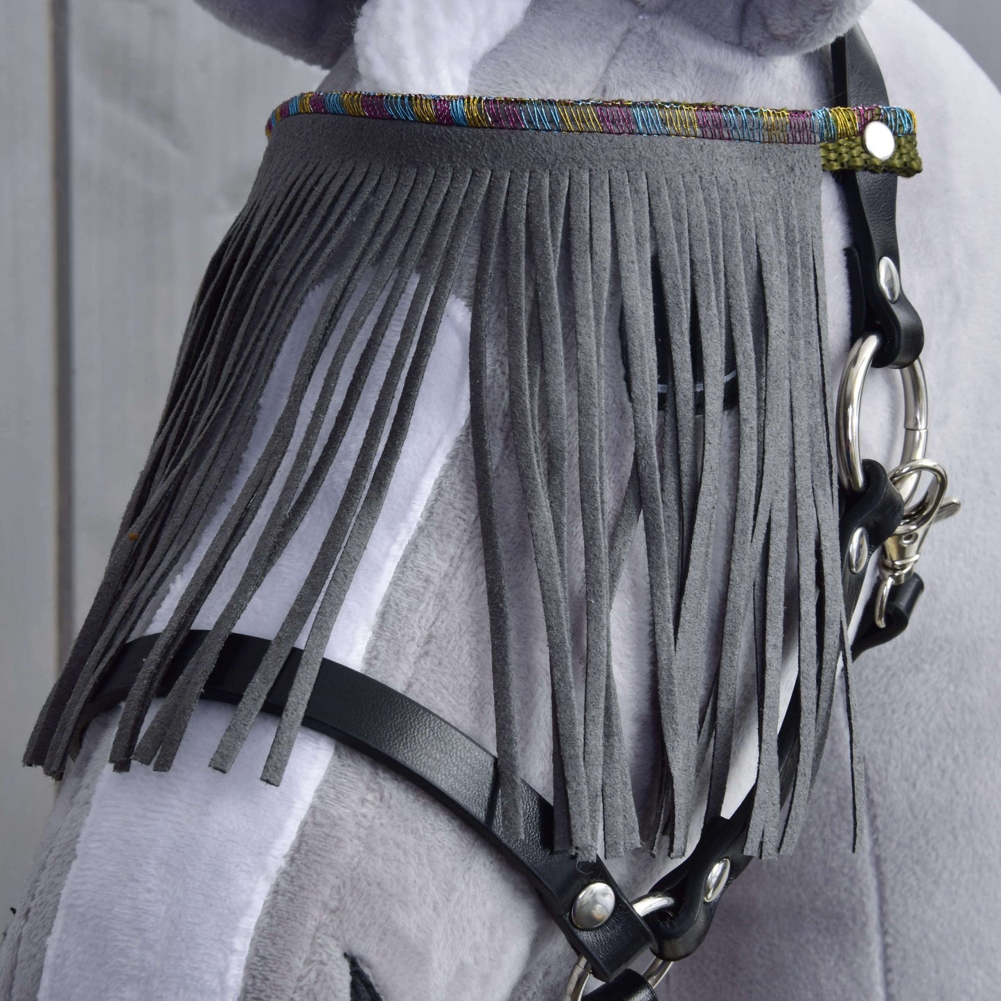 Close-up of a light grey and white horse wearing the Hobby Horse LarDen Halter black with grey fringes, featuring long vertical fringe over its forehead and a colorful trim at the top.