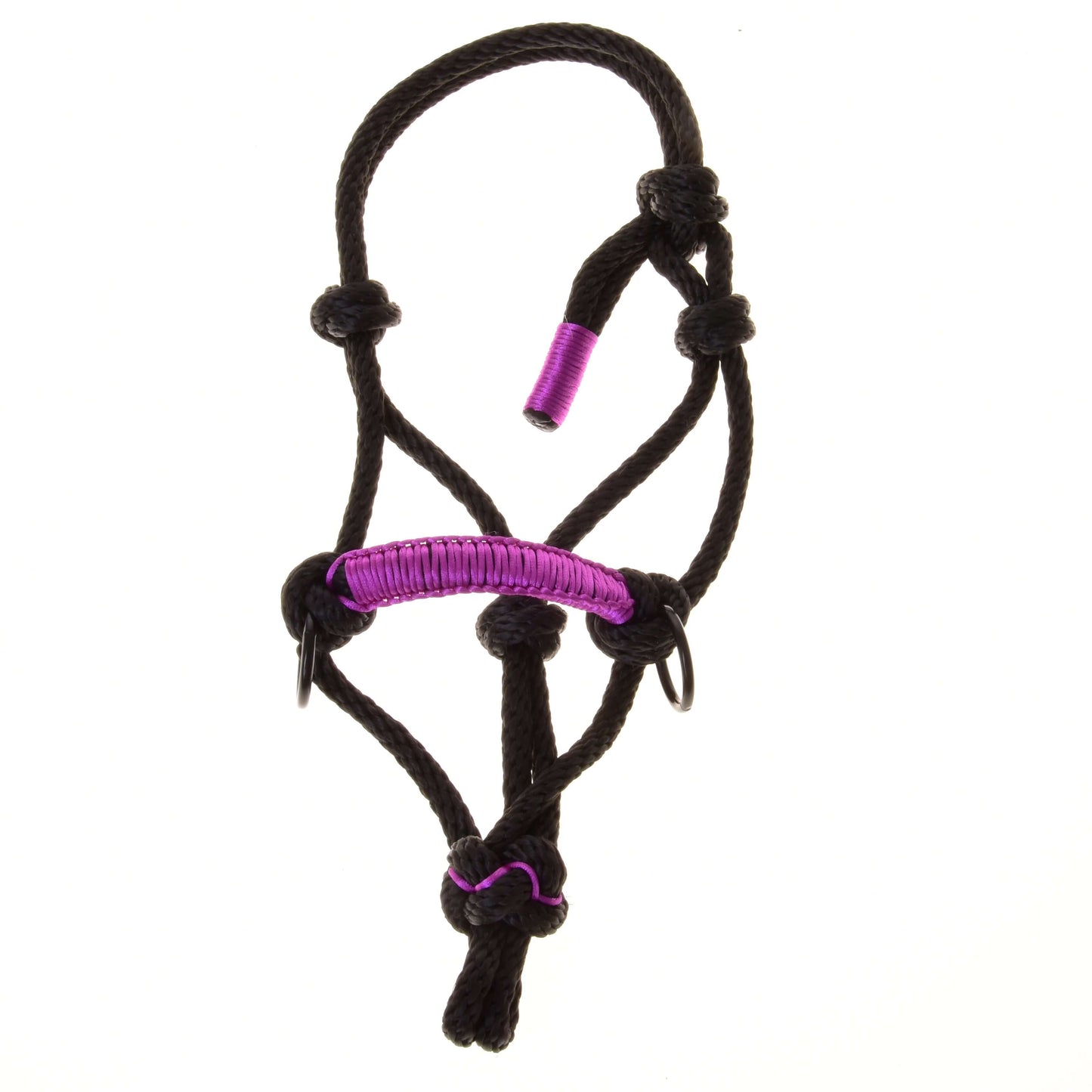 Seilhalfter Violett von Hobby Horse LarDen mit schwarzem Design, violetten Akzenten und Knoten, als stilvolles Accessoire für Pferde, vor weißem Hintergrund.