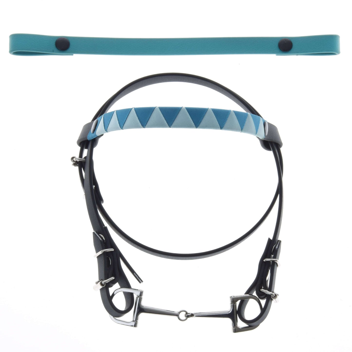 The Hobby Horse LarDen Bridle with 2 headbands turquoise (Size M) is shown below a matching turquoise strap with black snaps, all set on a white background. The bridle features changeable geometric-patterned browbands and a silver bit.
