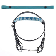 The Hobby Horse LarDen Bridle with 2 headbands turquoise (Size M) is shown below a matching turquoise strap with black snaps, all set on a white background. The bridle features changeable geometric-patterned browbands and a silver bit.