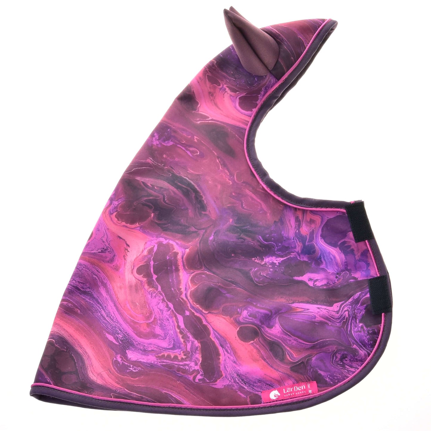 The Hobby Horse LarDen Raincoat Galaxy Purple is a horse hood with ear covers, vibrant pink and purple marbled design, black edging, and velcro fastenings—perfect as a raincoat for hobby horses or all-weather riding.