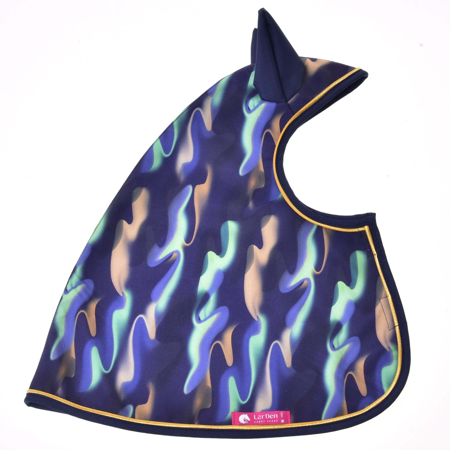 A horse ear bonnet with blue, green, and tan wavy camo, yellow trim, and a red tag—pairs perfectly with your Hobby Horse LarDen Raincoat rainbow. Features two ear covers on one side.