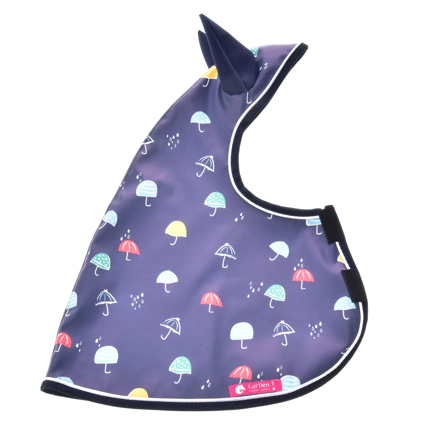 Imperméable Pluvieux de Hobby Horse LarDen, bavoir bleu foncé pour tous les temps avec imprimés colorés de champignons et de parapluies, capuche pointue et fermeture velcro — idéal pour s’amuser en extérieur ou pour les aventures en Hobby Horse.
