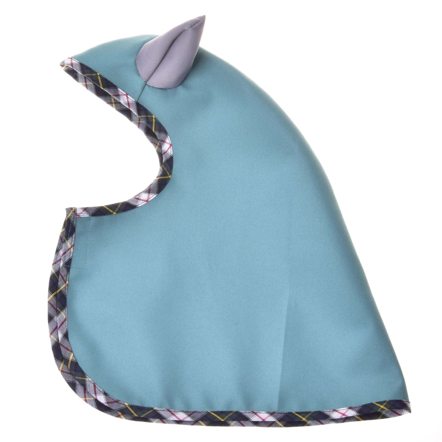 L’imperméable d'été Émeraude de Hobby Horse LarDen, une cape fantaisie en softshell bleu sarcelle avec bords à carreaux et une oreille grise sur la capuche, présentée à plat sur fond blanc, est idéal comme couche supplémentaire pour toute sortie aventureuse.