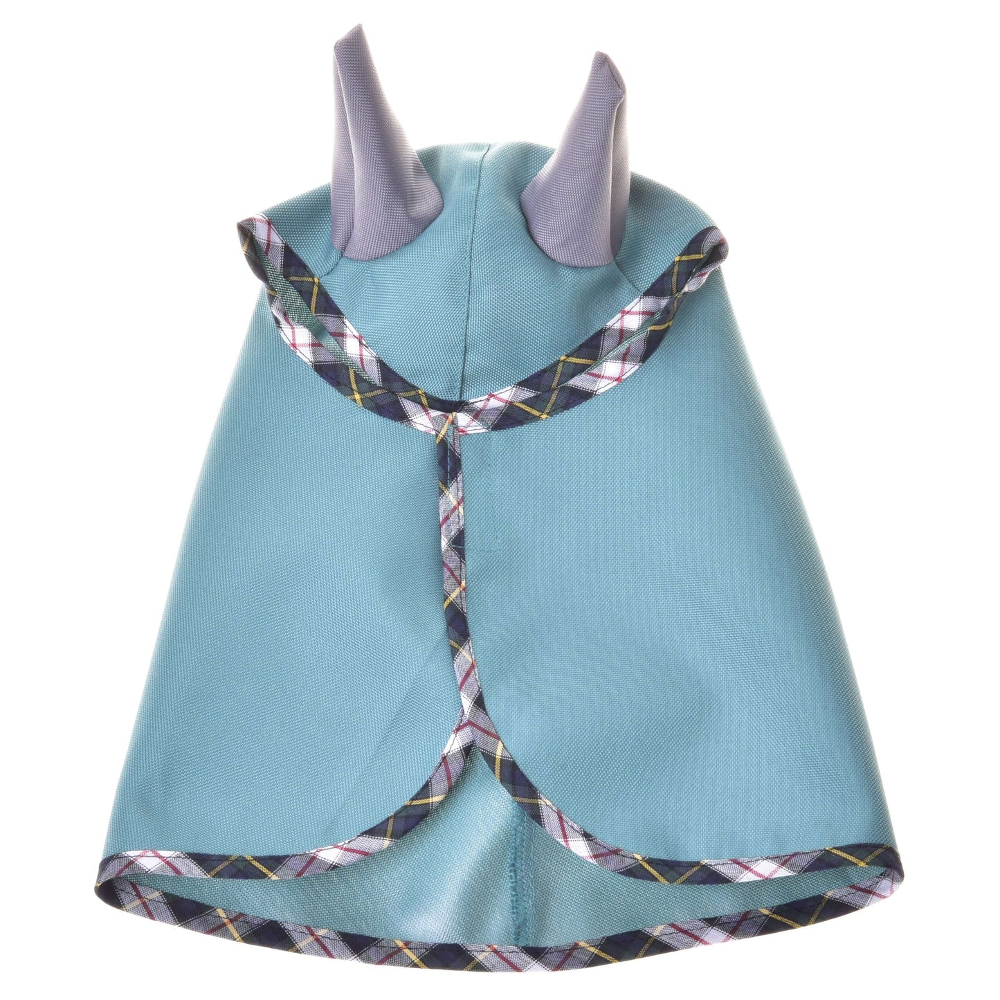 L’imperméable d'été Émeraude de Hobby Horse LarDen est une cape en softshell bleu sarcelle avec bordure à carreaux et deux formes dressées violet clair en forme de cornes sur le dessus, présentée à plat de dos, idéale comme touche finale pour votre costume de Hobby Horse.