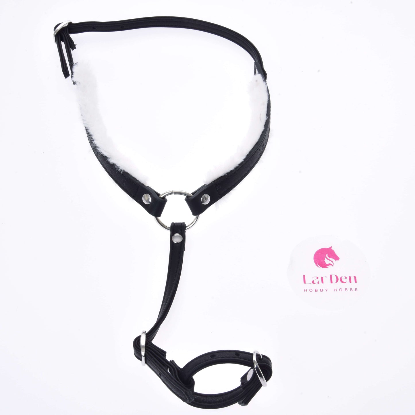 Espresso brown fur-lined breastgirth by Hobby Horse LarDen offers extra comfort. Pairs well with a black leather halter with white fleece, silver rings, and adjustable straps. The LarDen logo shows a pink horse head on a white background.