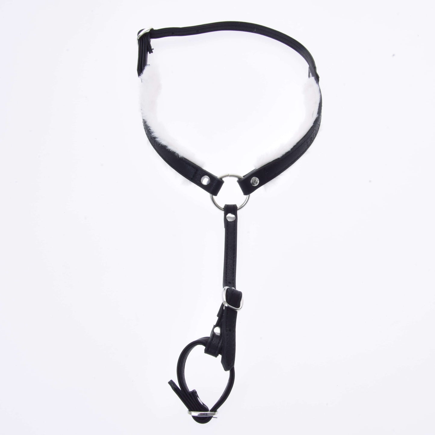 The Hobby Horse LarDen Breastgirth with fur Espresso is displayed on a white background, featuring an adjustable design connected by metal rings to a matching collar and cuff.